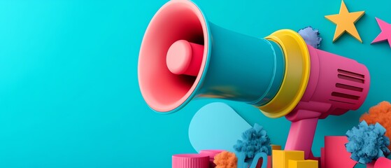 Naklejka premium Megaphone with sale announcement and bold discount percentage symbol, 3D rendering, bright promotional colors, attentiongrabbing design