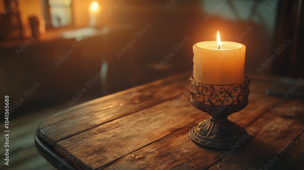 Poster a vintage scene features a lit candle in an ornate metal holder on a weathered wooden table creating