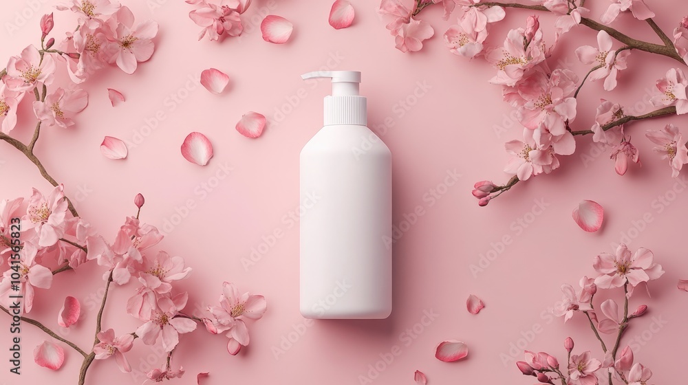 Aufkleber minimalist shampoo bottle with an empty white label set against a pink background adorned with petal