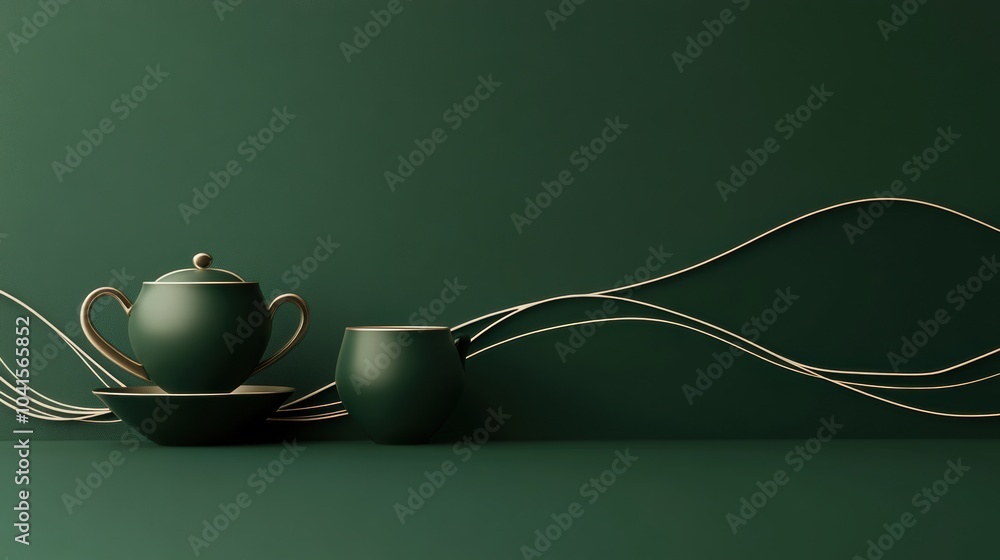 Aufkleber a simple line art representation of a teapot and cup rests on a serene green background, inviting mo