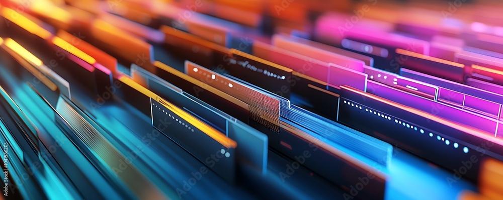 Poster Virtual files represented in a digital document management system, 3D rendering, sleek and modern aesthetics, efficient organizational design