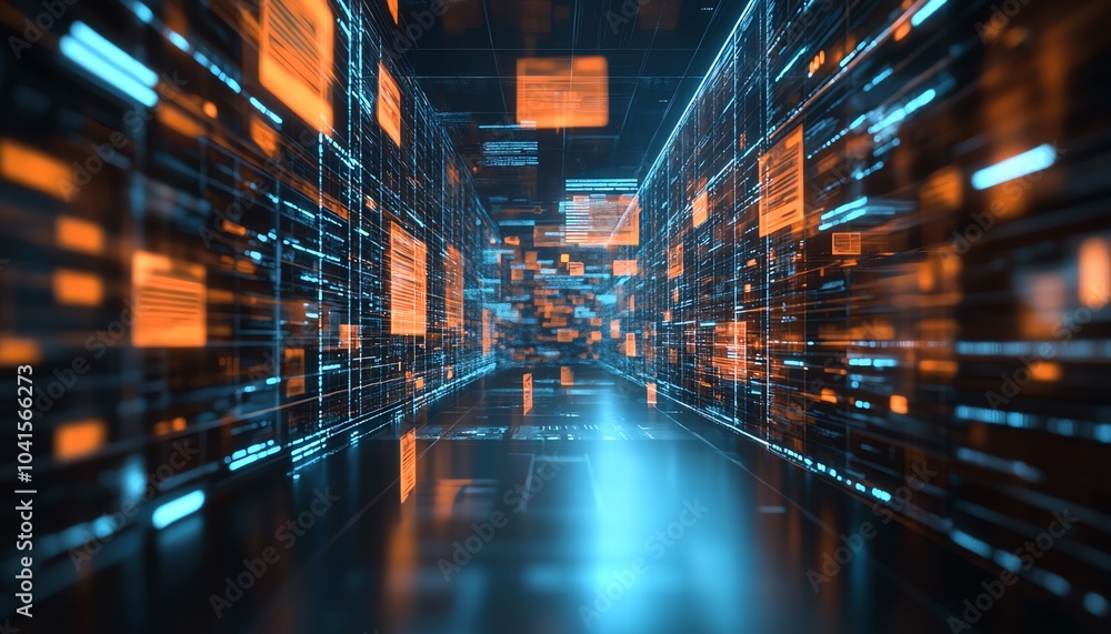Aufkleber Virtual interface for digital document management system, files floating in background, 3D rendering, futuristic and organized design, techfocused style