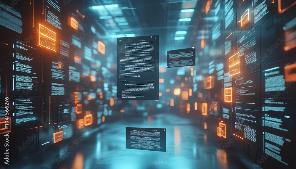 Aufkleber Virtual interface for digital document management system, files floating in background, 3D rendering, futuristic and organized design, techfocused style