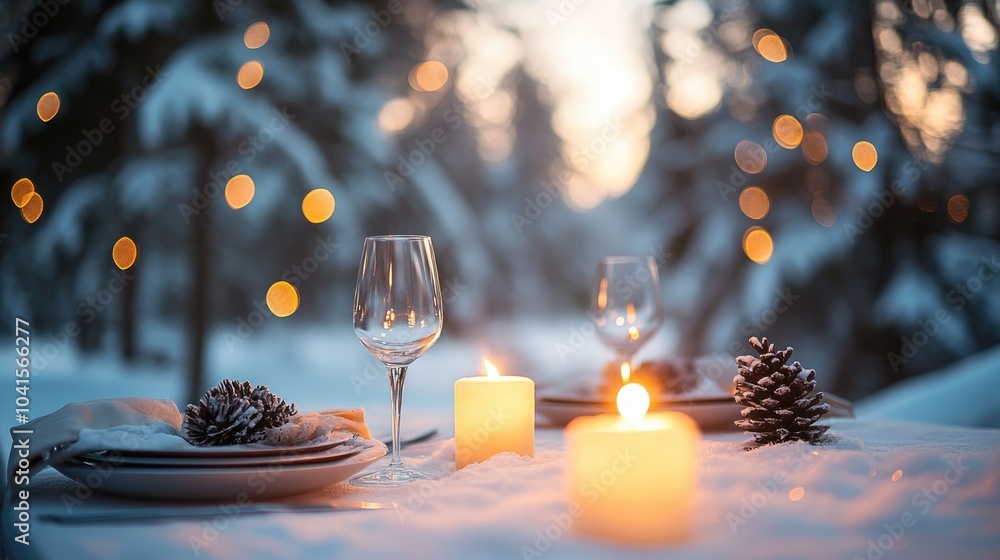 Aufkleber Candlelit table setting with soft glow against a blurred winter forest backdrop