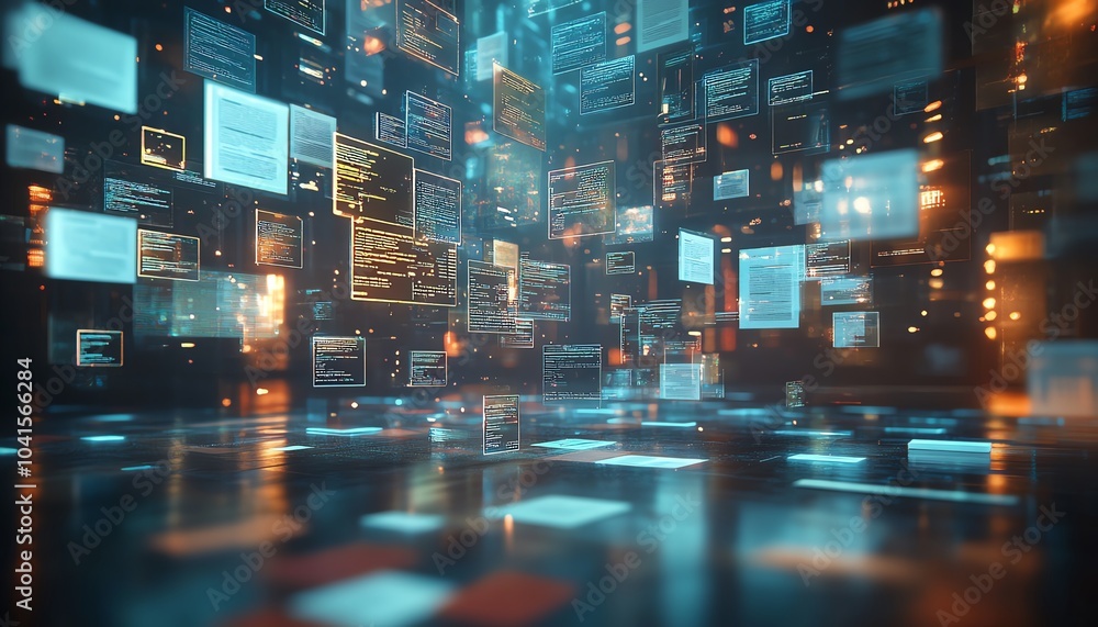 Poster Virtual interface for digital document management system, files floating in background, 3D rendering, futuristic and organized design, techfocused style