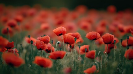 Red poppies in bloom Captivating wild field of vibrant poppies featuring selective focus