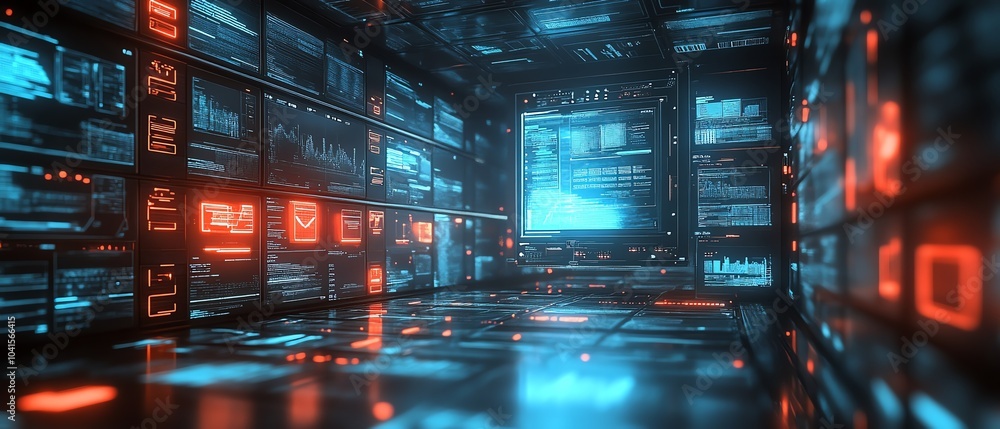 Poster Virtual interface with files for digital document management system, 3D rendering, futuristic and organized design, sleek hightech visuals