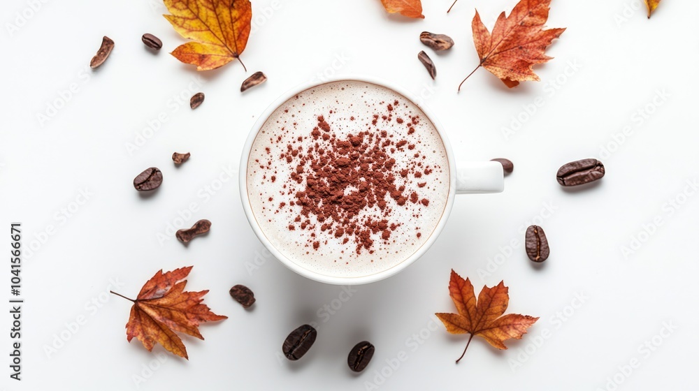 Poster Cappuccino topped with cocoa powder and autumn leaves arranged on a white background in a flat lay perspective