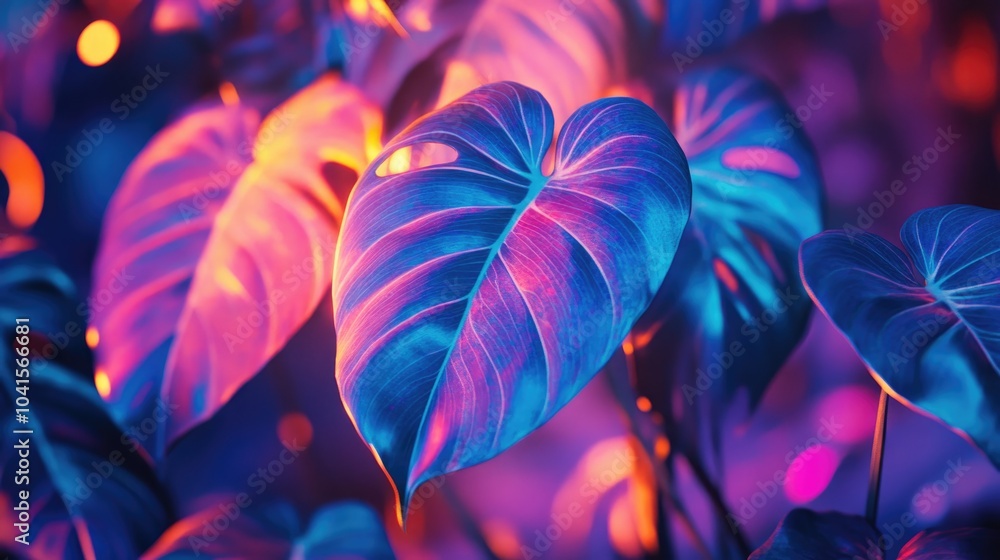Poster Surreal depiction of a futuristic quantum effect creating dynamic colors on a Philodendron plant