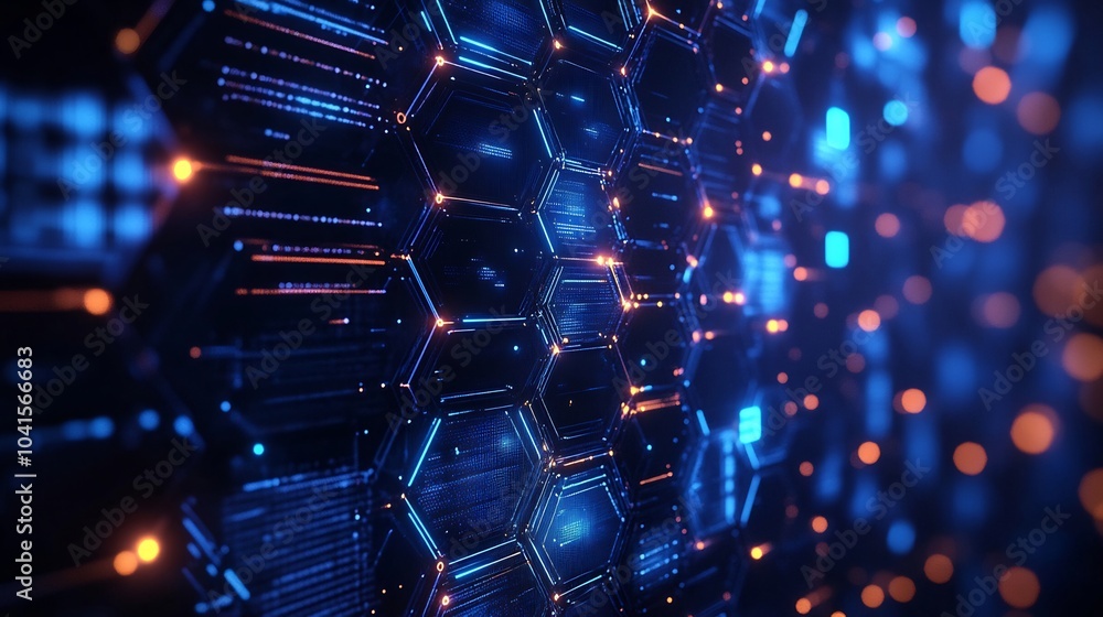Poster deep navy blue tech wall with hexagonal grid patterns and metallic shine providing a bold and immers