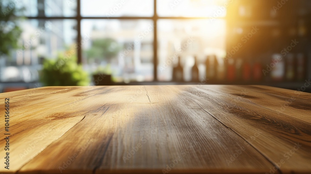 Aufkleber Abstract blurred wooden table texture with a clean office window backdrop creating a serene atmosphere for a Christmas breakfast scene in a modern grocery shop illuminated by soft summer light
