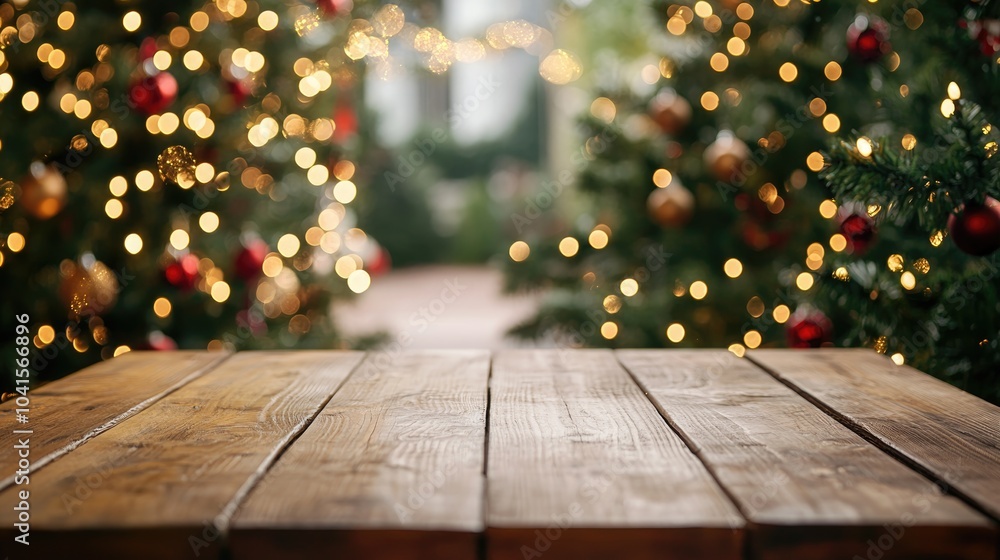 Poster wooden tabletop on terrace with a blurred background of a decorated christmas tree lights and garden