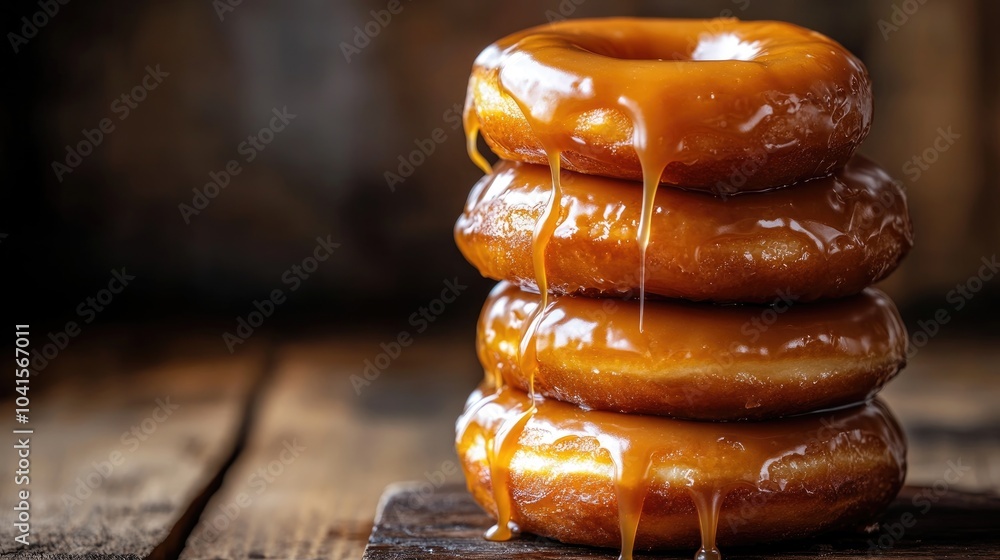 Aufkleber A stack of caramel glazed donuts sits on a rustic wooden surface with rich caramel dripping down the sides offering an enticing and visually appealing treat