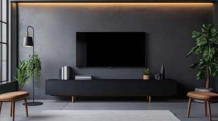 Modern living room with wall-mounted TV and sleek black furniture, 8k, realistic, full ultra HD, high resolution, cinematic photography