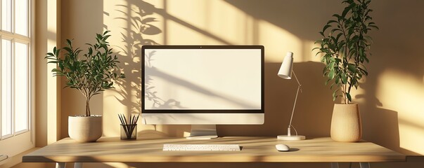 3D rendering of a minimalist office desk setup with a computer, stylish lamp, and a decorative plant, contemporary design, organized and bright visuals