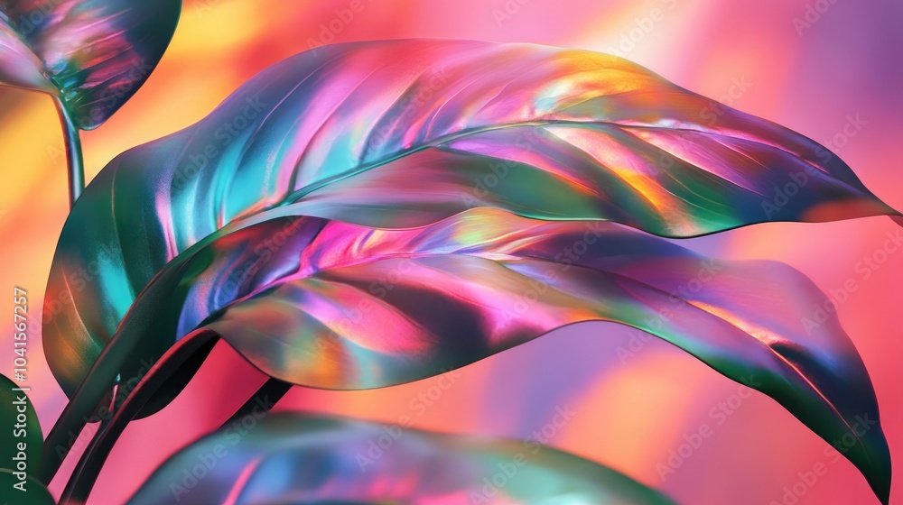 Aufkleber Surreal depiction of a futuristic quantum effect creating dynamic colors on a Philodendron plant