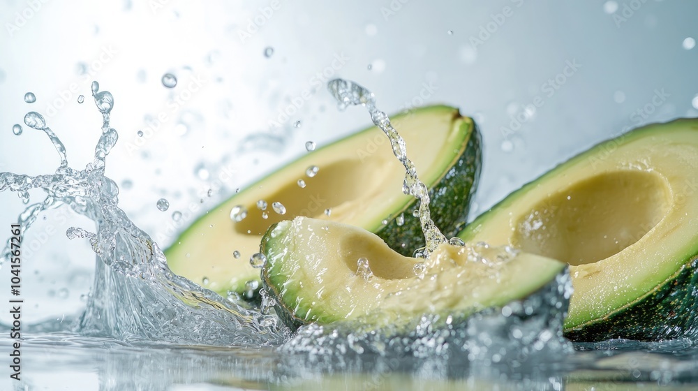 Poster sliced avocado captured in freeze motion with splashing water on a white background