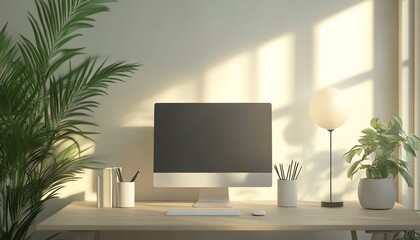 Fototapeta premium 3D rendering of a modern office desk featuring a computer, minimalist lamp, and lush plant, clean and organized layout, contemporary workspace