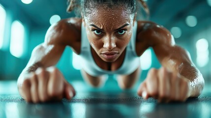 A female athlete displays intense concentration and muscular effort while holding a plank position...