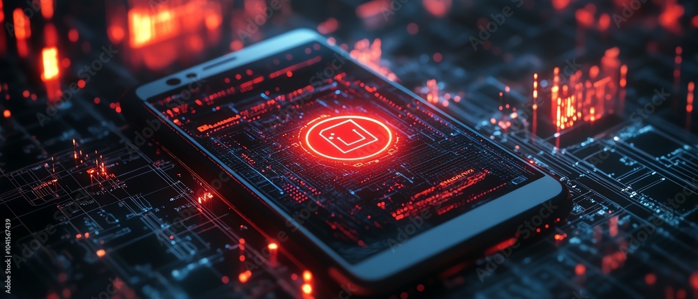 Fototapete 3D rendering of a smartphone showcasing a cybersecurity icon on a digital wireframe background, sleek design, hightech visuals, engaging composition