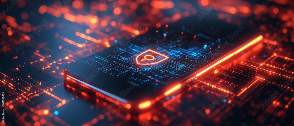 Leinwandbilder 3D rendering of a smartphone showcasing a cybersecurity icon on a digital wireframe background, sleek design, hightech visuals, engaging composition