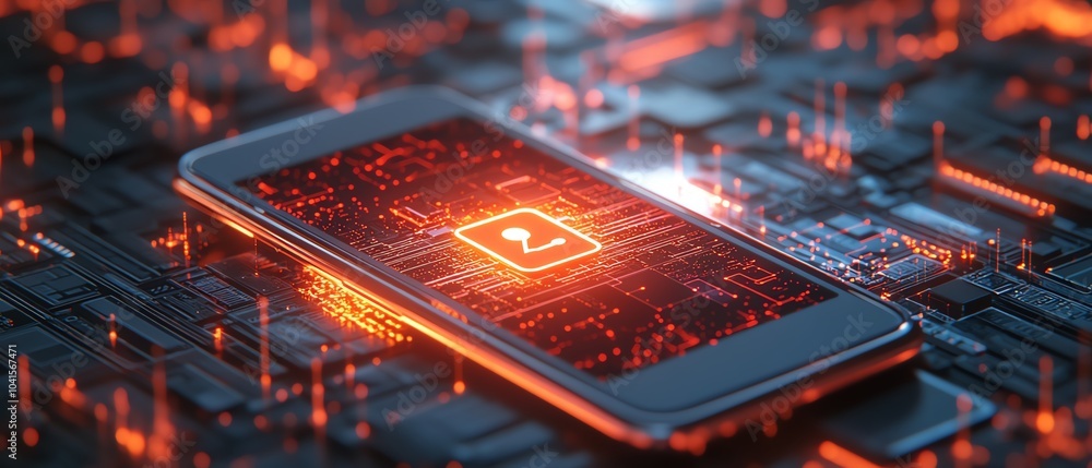 Leinwandbilder 3d rendering of a smartphone showcasing a cybersecurity icon on a digital wireframe background, slee
