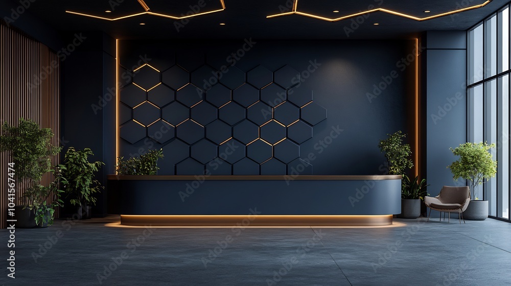 Poster deep navy blue tech wall with hexagonal grid patterns and metallic shine providing a bold and immers