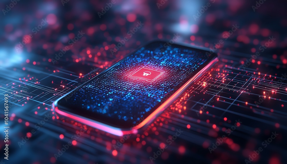 Leinwandbilder 3D rendering of a smartphone screen featuring a cybersecurity icon, surrounded by a digital wireframe backdrop, contemporary aesthetics, vibrant colors