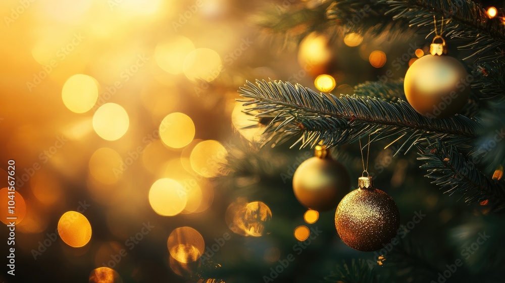 Aufkleber christmas tree adorned with golden baubles against a soft bokeh backdrop