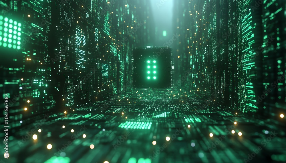 Fototapete 3d rendering of ai text against a dynamic green digital code backdrop, contemporary design, futurist