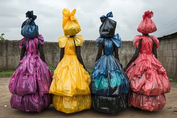 Girls and women in dresses made of plastic and garbage bags. Illustration on the theme of ecology and sustainable consumption. Buy Nothing Day.