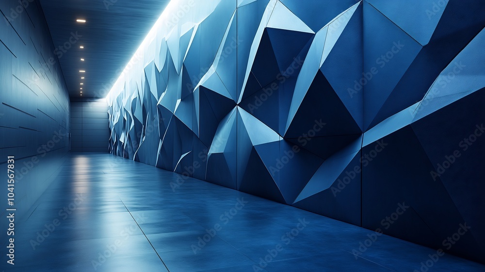 Poster deep navy blue tech wall with layered geometric shapes and soft illumination creating an immersive a
