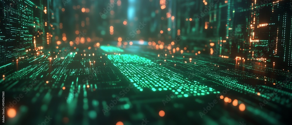 Aufkleber 3D rendering of AI text with a vibrant green digital code backdrop, sleek design, hightech visuals, contemporary aesthetics, engaging composition