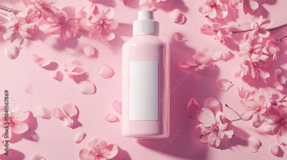 Aufkleber minimalist shampoo bottle with an empty white label set against a pink background adorned with petal