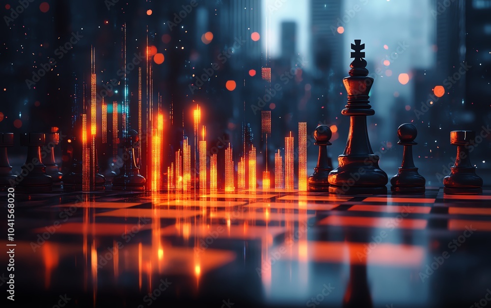 Leinwandbilder 3d rendering of an abstract chessboard combined with a glowing candlestick forex chart on a blurred 