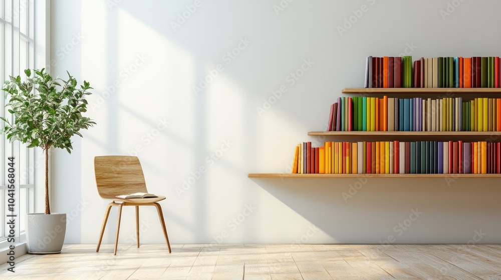 Poster empty reading room featuring a wooden table chair and colorful books on a shelf against a white wall