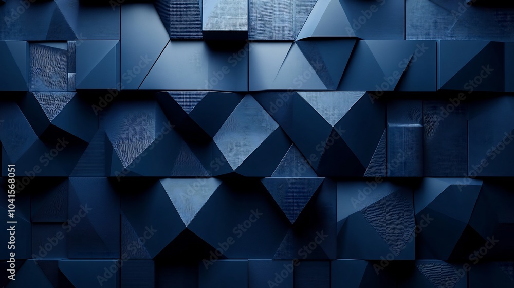 Poster deep navy blue tech wall with layered geometric shapes and soft illumination creating an immersive a