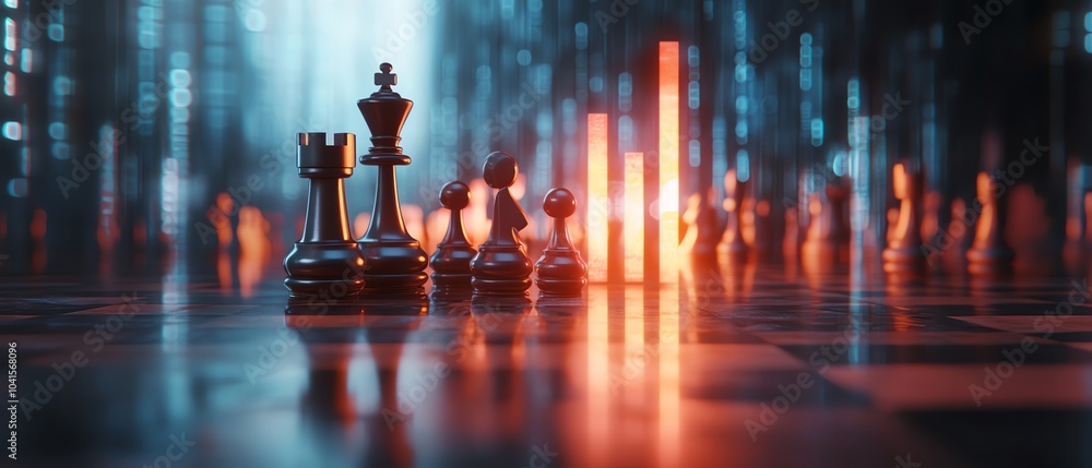 Poster 3d rendering of an abstract chessboard highlighted by a glowing candlestick forex chart against a bl