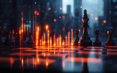 3D rendering of an abstract chessboard combined with a glowing candlestick forex chart on a blurred gray bokeh background, strategy and business planning concept, double exposure