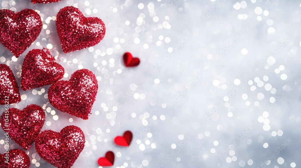 Poster white backdrop adorned with red heart shaped sparkles for a festive touch