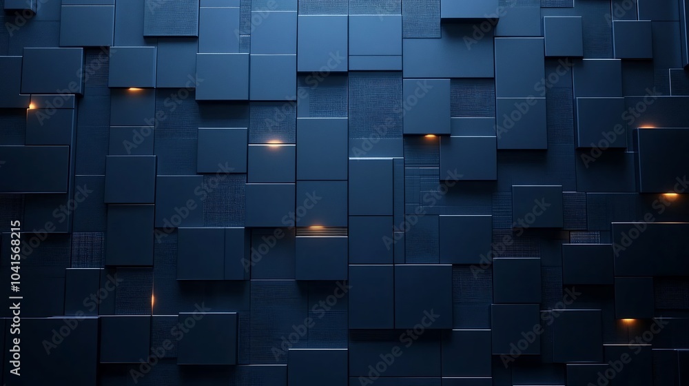 Poster deep navy blue tech wall with layered geometric shapes and soft illumination creating an immersive a