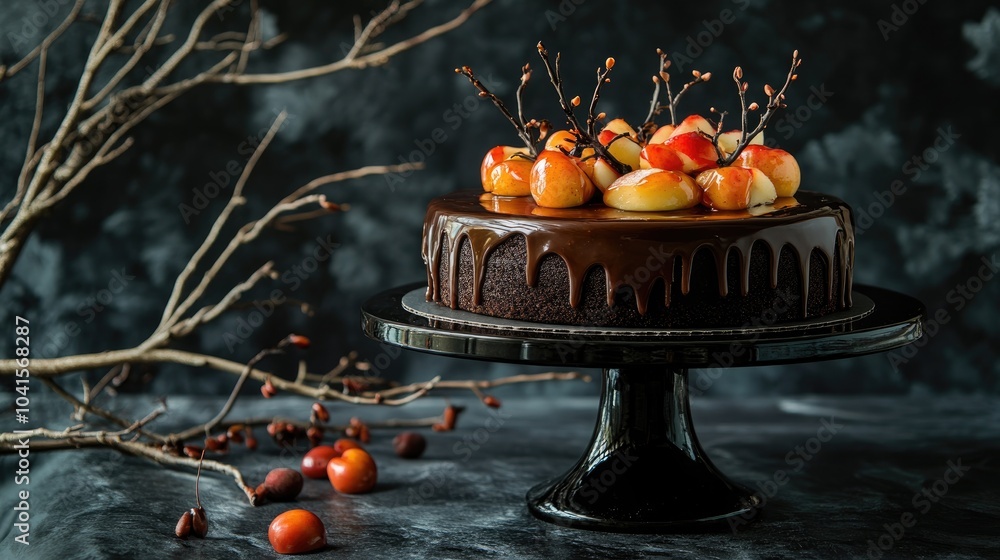 Aufkleber a chocolate cake topped with caramel glaze and caramelized apples elegantly displayed on a black cak