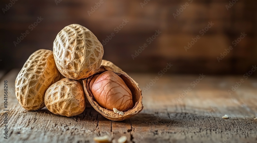 Poster peanuts in their shells on a wooden surface