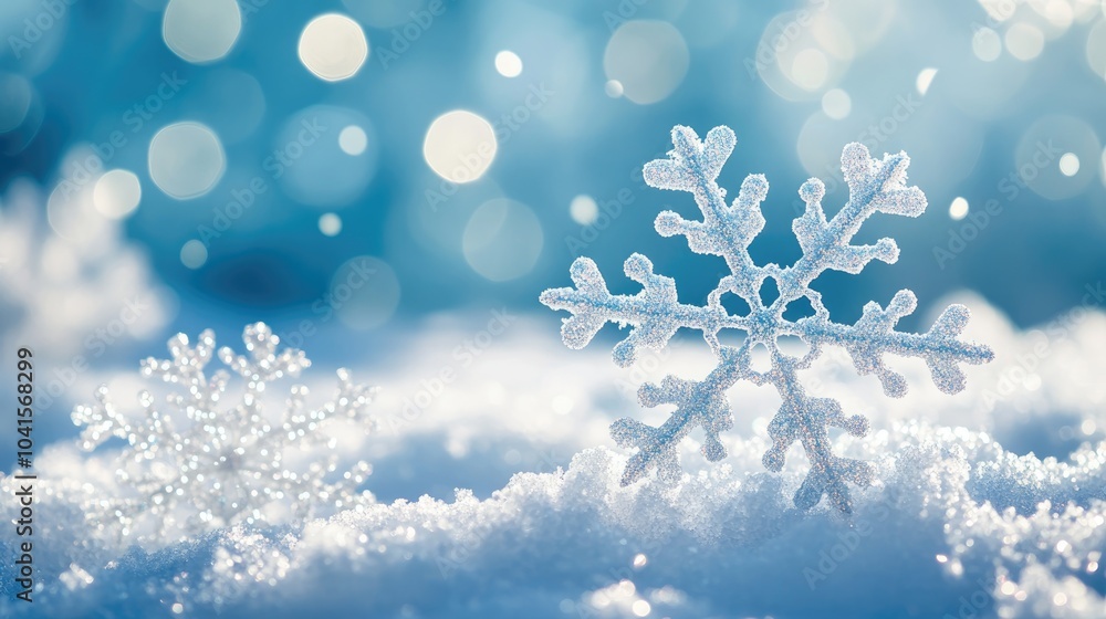 Aufkleber elegant snowflakes adorned with decoration resting on snow with a blue natural backdrop featuring fa