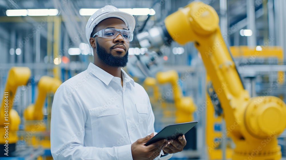 Poster robotics expert analyzing advanced manufacturing automation
