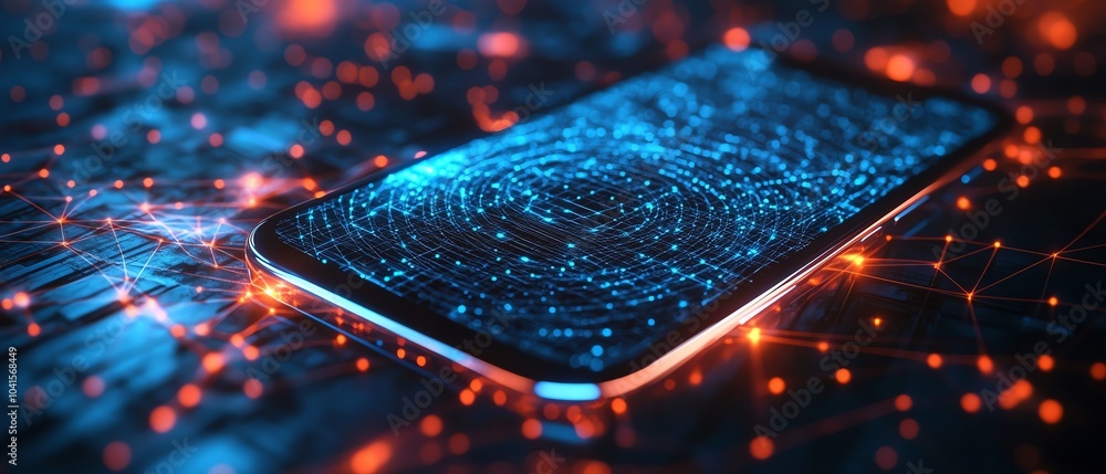 Poster 3D visualization of a cybersecurity icon on a smartphone with a dynamic wireframe background, modern aesthetics, engaging and hightech design