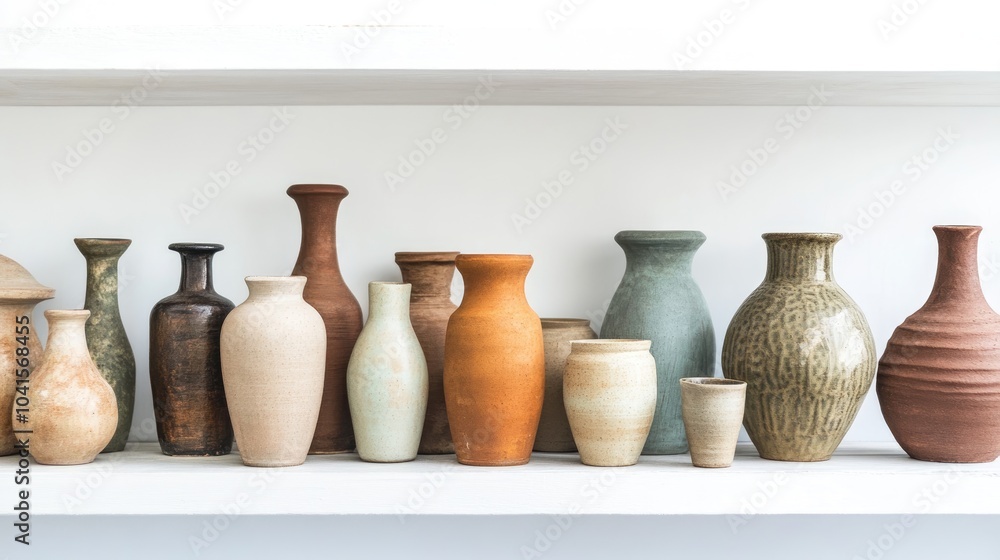 Aufkleber Assorted clay vases arranged on a shelf with a white backdrop