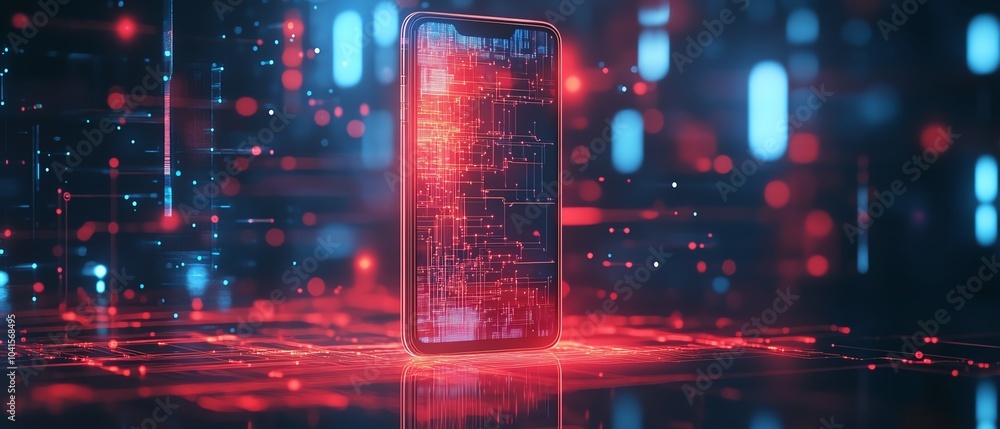Poster 3D visualization of a cybersecurity icon on a smartphone with a dynamic wireframe background, modern aesthetics, engaging and hightech design