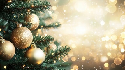 Christmas tree adorned with golden baubles against a soft bokeh backdrop