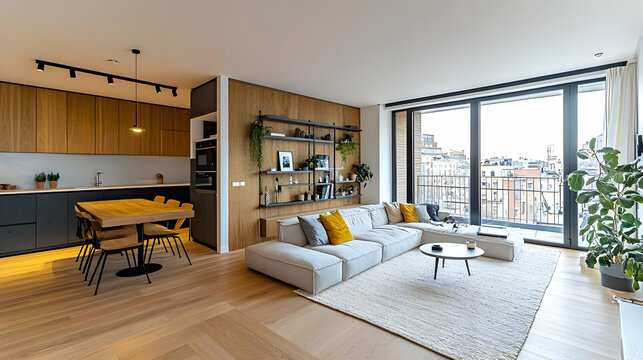 Modern Apartment Living Room Design with Open Floor Plan and City Views
